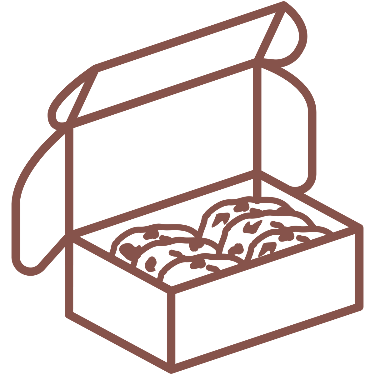Icon of a box with pastries inside, represented in brown line art on a white background.