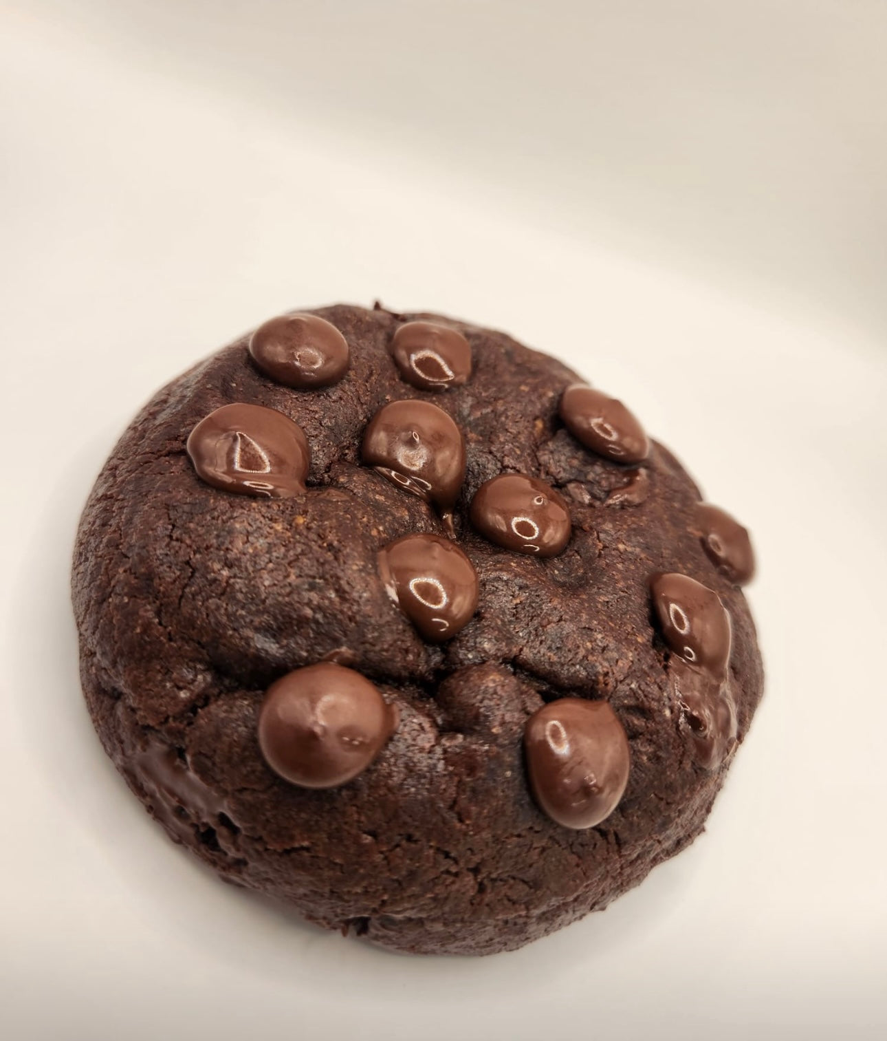 Chocolate cookie with chocolate chips on a white background